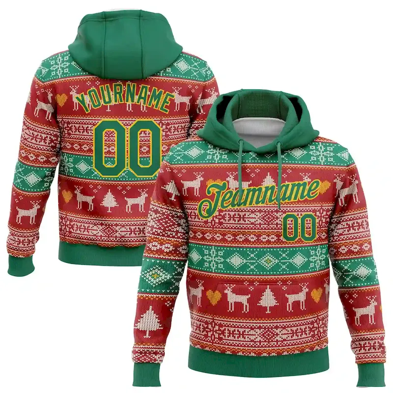 3DPattern1057.webp Custom Stitched Red Kelly Green-Gold 3D Christmas Reindeers Sports Pullover Sweatshirt Hoodie - Image 1