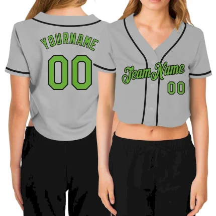 Custom Women's Gray Neon Green-Black V-Neck Cropped Baseball Jersey