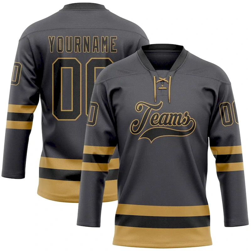 SteelGray0070.webp Custom Steel Gray Black-Old Gold Hockey Lace Neck Jersey - Image 1
